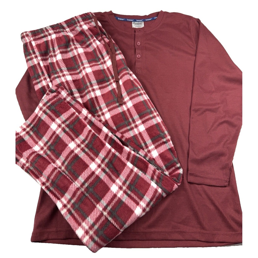 Isotoner Men's Size XL PJ Sleep Set Henley Thermal Top Fleece Pants Plaid Cozy